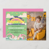 シンプルかわいい女の子フォトユニコーンファースト誕生日ベビー 招待状 (正面/裏面)