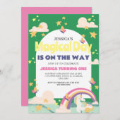 シンプルかわいい女の子フォトユニコーンファースト誕生日ベビー 招待状 (正面/裏面)