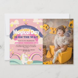 シンプルかわいい女の子フォトユニコーンファースト誕生日ベビー 招待状