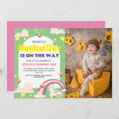 シンプルかわいい女の子フォトユニコーンファースト誕生日ベビー 招待状 (正面/裏面)