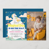 シンプルかわいい女の子フォトユニコーンファースト誕生日ベビー 招待状 (正面/裏面)