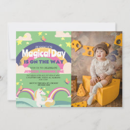 シンプルかわいい女の子フォトユニコーンファースト誕生日ベビー 招待状