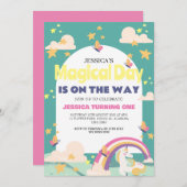 シンプルかわいい女の子フォトユニコーンファースト誕生日ベビー 招待状 (正面/裏面)