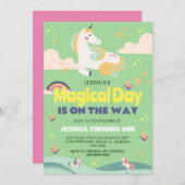 シンプルかわいい女の子フォトユニコーンファースト誕生日ベビー 招待状 (正面/裏面)