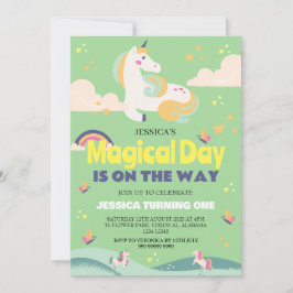 シンプルかわいい女の子フォトユニコーンファースト誕生日ベビー 招待状