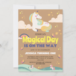 シンプルかわいい女の子フォトユニコーンファースト誕生日ベビー 招待状