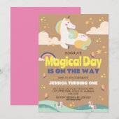 シンプルかわいい女の子フォトユニコーンファースト誕生日ベビー 招待状 (正面/裏面)
