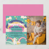 シンプルかわいい女の子フォトユニコーンファースト誕生日ベビー 招待状 (正面/裏面)