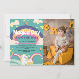 シンプルかわいい女の子フォトユニコーンファースト誕生日ベビー 招待状