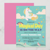 シンプルかわいい女の子フォトユニコーンファースト誕生日ベビー 招待状 (正面/裏面)