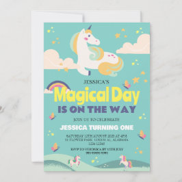 シンプルかわいい女の子フォトユニコーンファースト誕生日ベビー 招待状