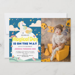 シンプルかわいい女の子写真ユニコーンハーフバースデー赤ちゃん 招待状