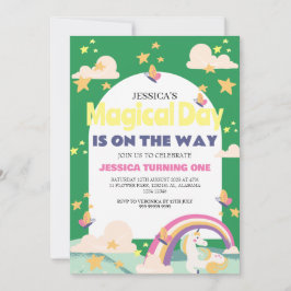 シンプルかわいい女の子写真ユニコーンファーストバースデー赤ちゃん 招待状