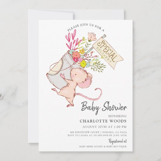 シンプルかわいい水色マウスの女の子ベビーシャワー 招待状 (正面)