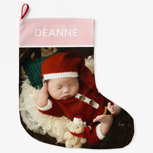 シンプルかわいい赤ちゃんの初めてのクリスマス1枚の写真 ラージクリスマスストッキング (正面)