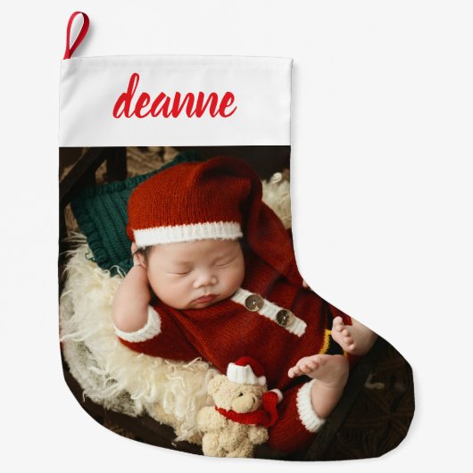 シンプルかわいい赤ちゃんの初めてのクリスマス 1枚の写真 ラージクリスマスストッキング (正面)