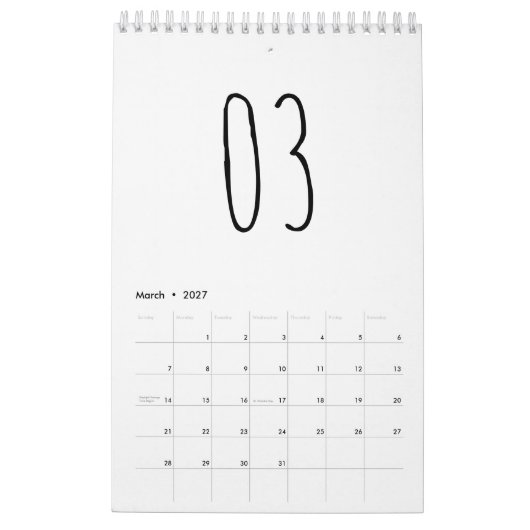 シンプルかわいい黒と白の手書きスクリプト カレンダー (3月 2027)
