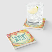 シンプルかわいらしなお洒落ハート花飲料 ストーンコースター (横)