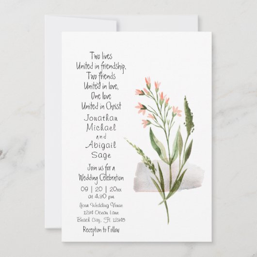 シンプルかわいらしピンクの花結婚キリスト 招待状 (正面)