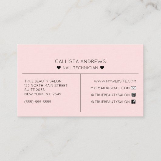 シンプルかわいらしピンクハートタイポグラフィ爪、 ネイルテック 名刺 (裏面)
