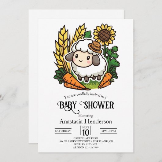 シンプルかわいらし羊の赤ちゃん 招待状 (正面/裏面)