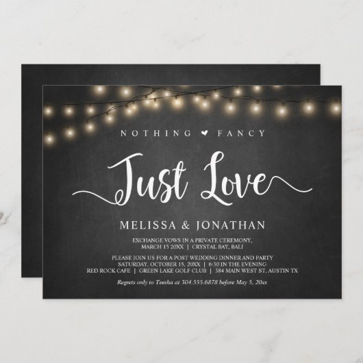 シンプルだけど愛に満ちた、ストリングライトの挙式 招待状 (正面/裏面)