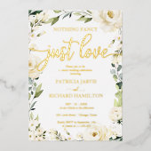 シンプルでおしゃれなウェディングホワイトクリームフラワーデザイン 箔招待状 (正面)