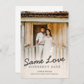 シンプルでおしゃれなスクリプト写真 ウェディング延期のお知らせ 案内状 (正面/裏面)