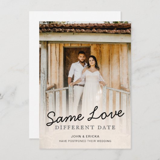 シンプルでおしゃれなスクリプト写真 ウェディング延期のお知らせ 案内状 (正面/裏面)