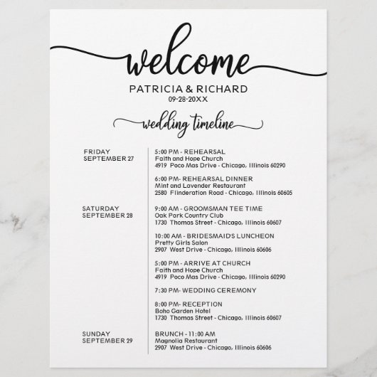シンプルでおしゃれなタイムライン ウェディングウィークエンドの予定 (正面)