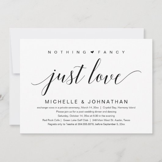 シンプルでおしゃれなデザインのウェディングエロープメント招待状「Nothing Fancy, Jus 招待状 (正面)