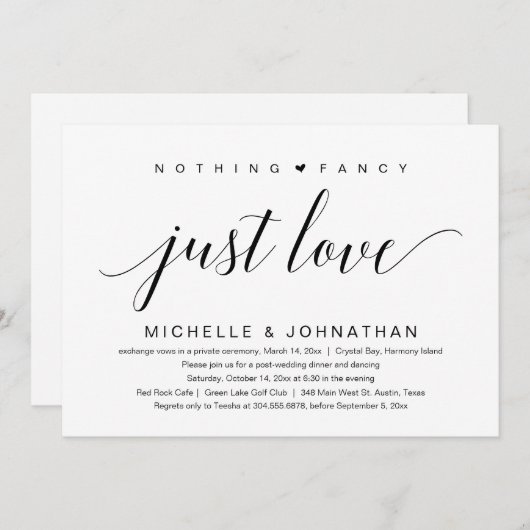 シンプルでおしゃれなデザインのウェディングエロープメント招待状「Nothing Fancy, Jus 招待状 (正面/裏面)