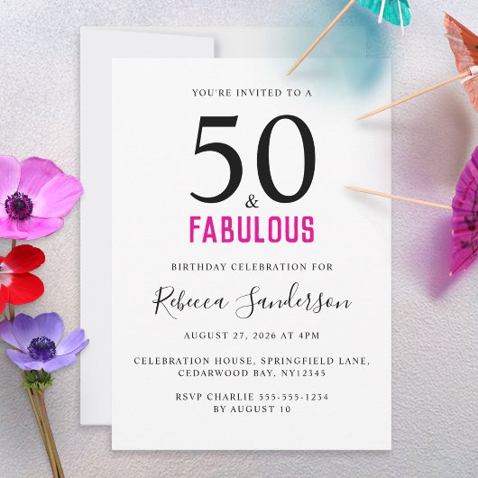 シンプルでおしゃれなピンクの50歳の誕生日パーティー 招待状