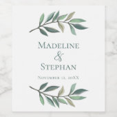 シンプルでおしゃれなユーカリの葉のボタニカルウェディング ワインラベル (シングルラベル)