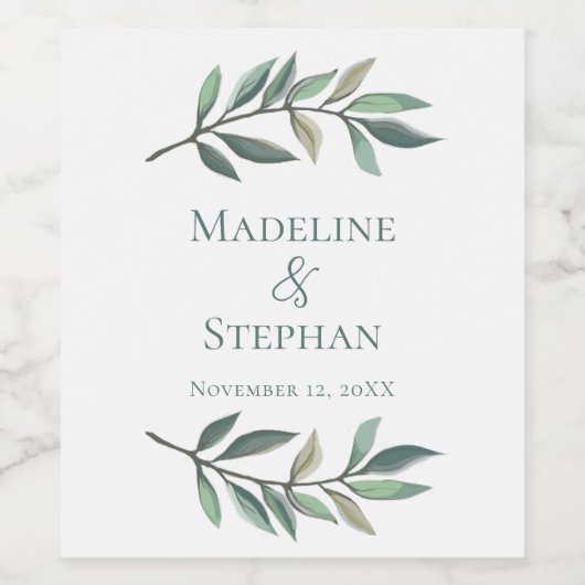 シンプルでおしゃれなユーカリの葉のボタニカルウェディング ワインラベル (シングルラベル)