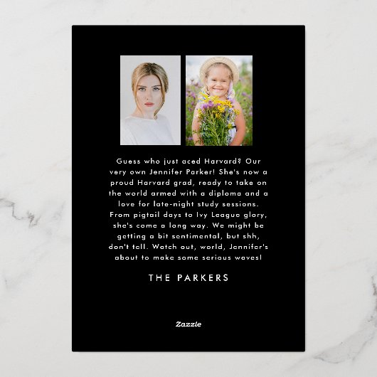 シンプルでおしゃれな卒業写真 現代的なアナウンスメント 箔招待状 (裏面)