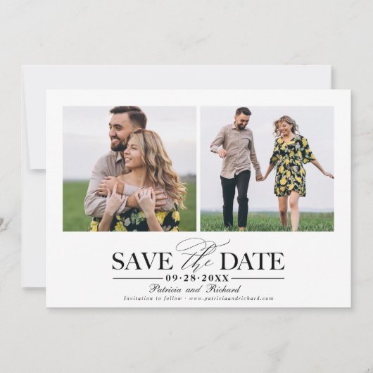 シンプルでおしゃれな結婚式の2枚の写真入り日程お知らせ 招待状 (正面)