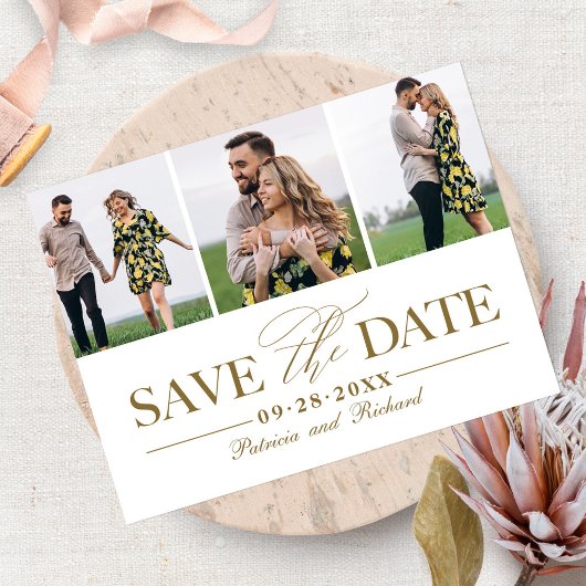 シンプルでおしゃれな結婚式の3枚の写真を使った日程お知らせ ポストカード