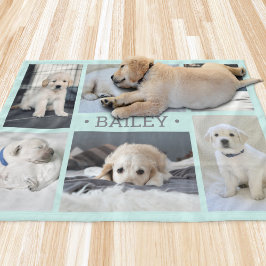 シンプルでかわいいターコイズブルーとグレーの犬の写真コラージュ フリースブランケット