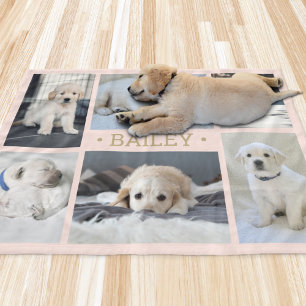 シンプルでかわいいピンクとゴールドの犬の写真コラージュ フリースブランケット
