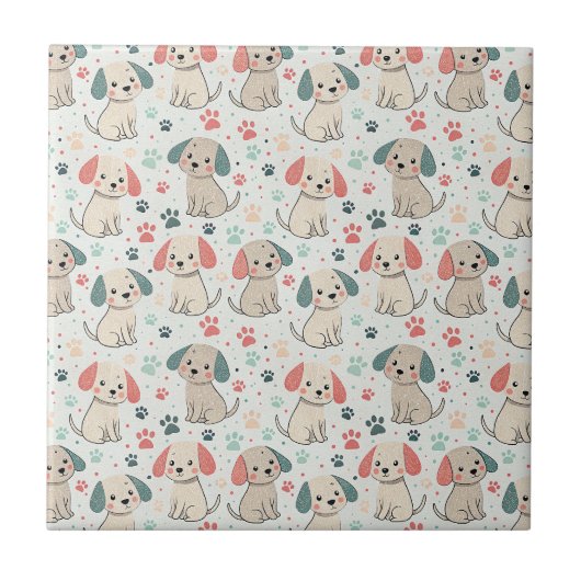 シンプルでかわいい子犬と肉球のデザイン パターン タイル (正面)