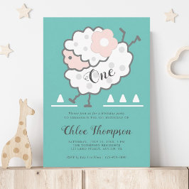 シンプルでかわいい跳ねる羊のシアン＆ホワイト 1歳の誕生日 招待状