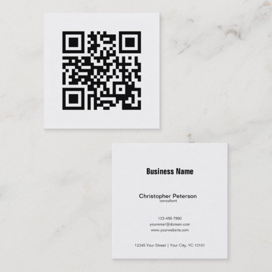 シンプルでエレガントでクラシックな白黒QRコード スクエア名刺 (正面/裏面)