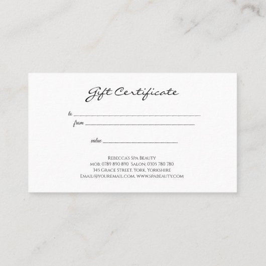 シンプルでエレガントでミニマルな原稿のギフト券 名刺 (裏面)