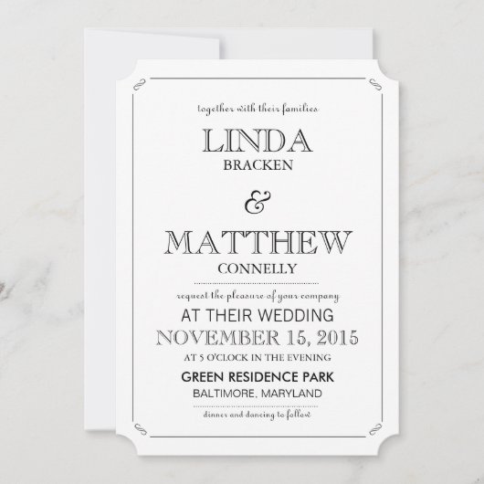 シンプルでエレガントで黒く及び白い結婚式招待状 招待状 (正面)