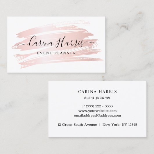 シンプルでエレガントなばら色の金ゴールドホイルのイベントプランナー 名刺 (正面/裏面)