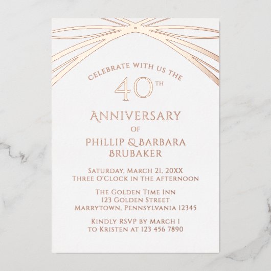 シンプルでエレガントなアーチの40周年記念結婚式バラデザイン 箔招待状 (正面)