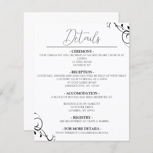 シンプルでエレガントなウェディング詳細カード (正面/裏面)