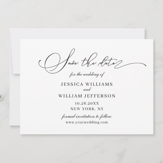 シンプルでエレガントなカリグラフィー結婚式の写真 セーブザデート (裏面)