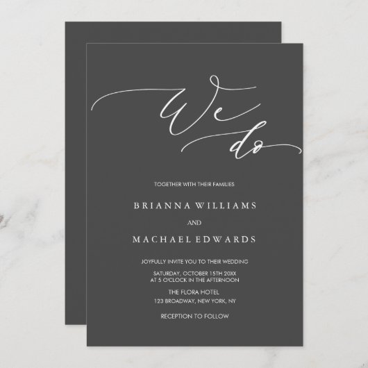 シンプルでエレガントなカリグラフィー　私たちはチャコールウェディングをします 招待状 (正面/裏面)